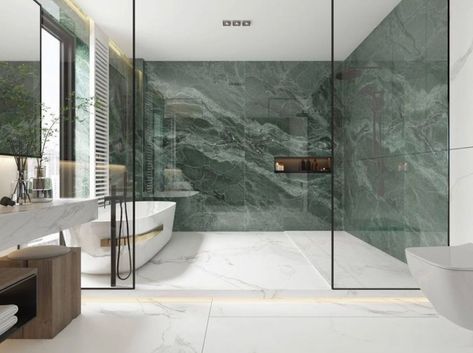 Green Marble Bathroom, Marble Shower Walls, Dark Green Bathrooms, Marble Room, Marble Bathroom Floor, Green Tile Bathroom, Bathroom Green, Trending Furniture, Marble Tile Bathroom