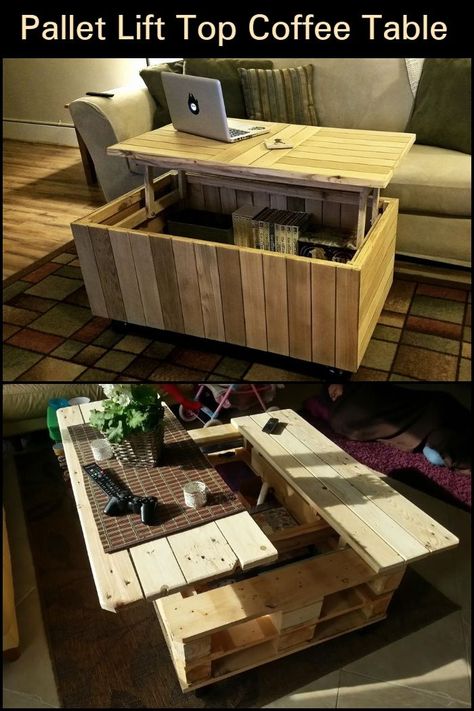 Diy Wood Coffee Table With Storage, Wood Crate Coffee Table Diy, Lift Up Desk, Lift Up Coffee Table Diy, Lift Top Table, Transforming Coffee Table, Lift Top Coffee Table Makeover, Pallet Coffee Table Diy Easy, Coffee Table Pallet Diy