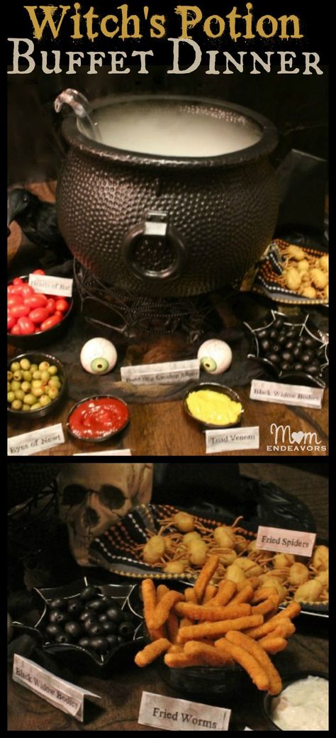 Witch's Potion Halloween Buffet Dinner, complete with lots of easy "spooky food" ideas via momendeavors.com #Halloween Cauldron Food Ideas, Halloween Fondue Ideas, Halloween Names For Food, Hocus Pocus Menu, Hocus Pocus Party Food Ideas, Halloween Food Names, Hocus Pocus Dinner Party, Witch Themed Food, Halloween Fondue