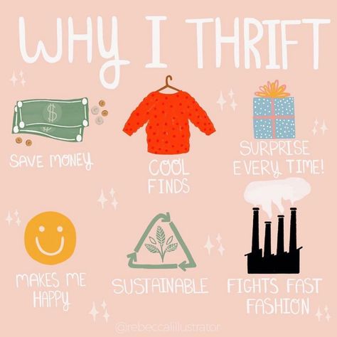 Rebecca Lynn Illustration on Instagram: “Lemme just get this straight, I THRIFT A LOT. 😅 Either in person at the thrift stores or online here on Instagram with thrift accounts. I…” Thrifting Quotes, Sustainable Fashion Quotes, Waste Free Living, Environmentally Friendly Living, Preloved Clothes, Shopping Quotes, Second Hand Shop, Zero Waste Lifestyle, Eco Living