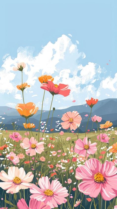 Flowers Scenery Painting, Flower Scenery Painting Easy, Wildflower Field Wallpaper, Spring Pictures Drawing, Flower Field Mural, Field Flowers Drawing, Beautiful Nature Painting, Spring Landscape Illustration, Spring Scenery Drawing