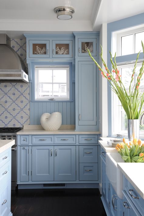 A Bright Blue Kitchen Moore Kitchen, Blue Kitchen Designs, Geometric Kitchen, Shingle Style Homes, Blue Kitchen Cabinets, Blue Cabinets, Blue Kitchen, Blue Kitchens, Cabinet Colors