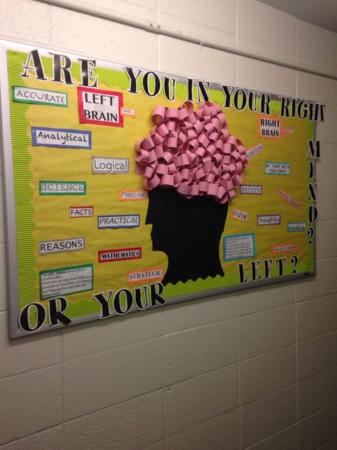 What side of the brain best fits you ? RA Bulletin Board Neuro Bulletin Board Ideas, Counseling Bulliten Board Ideas, Exam Time Bulletin Board Ideas, Psychology Display Board, Critical Thinking Bulletin Board, Brain Door Decorations, Brain Bulletin Board Ideas, Psychology Bulletin Board Ideas, Psychology Bulletin Board