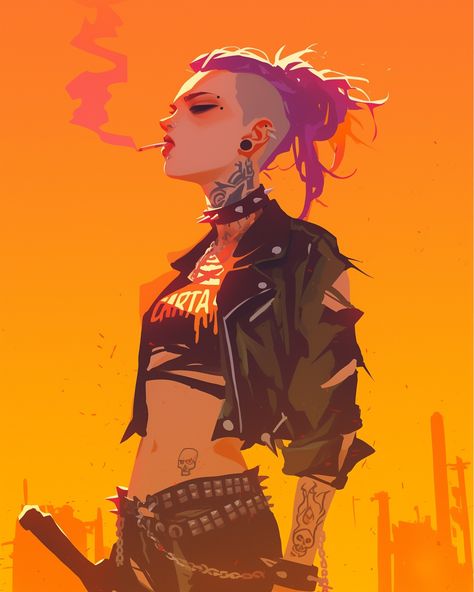 Punk Street Photography, Futuristic Character Design Cyberpunk, Punk Dnd Character, Cyberpunk Musician, Street Gang Aesthetic, Punk Aesthetic Women, Colorful Punk Outfits, Cyberpunk Haircut, Electric Character Design