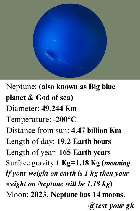 In this post we have given the Facts about Neptune. Our post is full of amazing gk. If you like to read and improve your gk, then you must FOLLOW our page @test your gk
.
LIKE
.
SHARE
.
COMMENT
.
#gk
#upscgkquiz
#generalknowledge
#worldgk	
#facts
#gkinenglish
#gkquiz
#gkindia
#gkmcq
#generalknowledgequiz Facts About Neptune, Neptune Facts, Earth Hour, General Knowledge, Interesting Facts, Solar System, Facts About, You Must, To Read