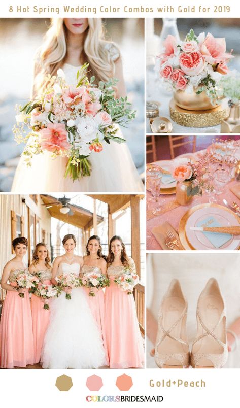 8 Hottest Spring Wedding Color Combos with Gold for 2019 -No.1 Peach and Gold #colsbm #bridesmaids #weddings #weddingideas #springwedding b671 Peach And White Wedding, Spring Wedding Bridesmaids, Wedding Color Schemes Spring, Spring Wedding Color Palette, Dreamy Decor, Peach And Gold, White Bridal Gown, Coral Bridesmaid Dresses, Wedding Color Combos