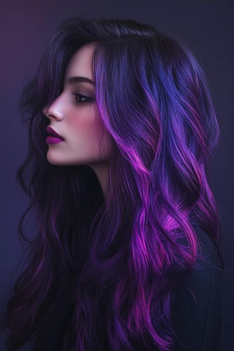 dark hair, highlights, hairstyles Dark Deep Purple Hair, Pink In Black Hair, Purple Hair On Dark Hair, Dark Brown And Purple Hair, Dark Hair Purple Highlights, Dark Purple Balayage, Brown Hair Purple Highlights, Purple And Black Hair, Purple Highlights Brown Hair