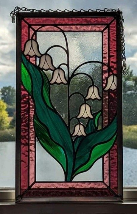 Rectangle Stained Glass Window, Cottagecore Stained Glass Window, Lily Of The Valley Stained Glass Pattern, Stained Glass Lily Of The Valley, Simple Stained Glass Art, Nature Stained Glass Patterns, Stain Glass Design, Glass Painting Designs Window, Stained Glass Ideas For Beginners