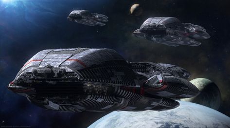 "Show of Force" - Galactica and her Jupiter Class Battlestar sisters - BSG, Robert Bonchune on ArtStation at https://www.artstation.com/artwork/m88ERy Battleship Galactica, Scifi Ships, Battlestar Galactica Ship, Heavy Cruiser, Starship Concept, Starship Design, Space Battles, Sci Fi Ships, Classic Sci Fi