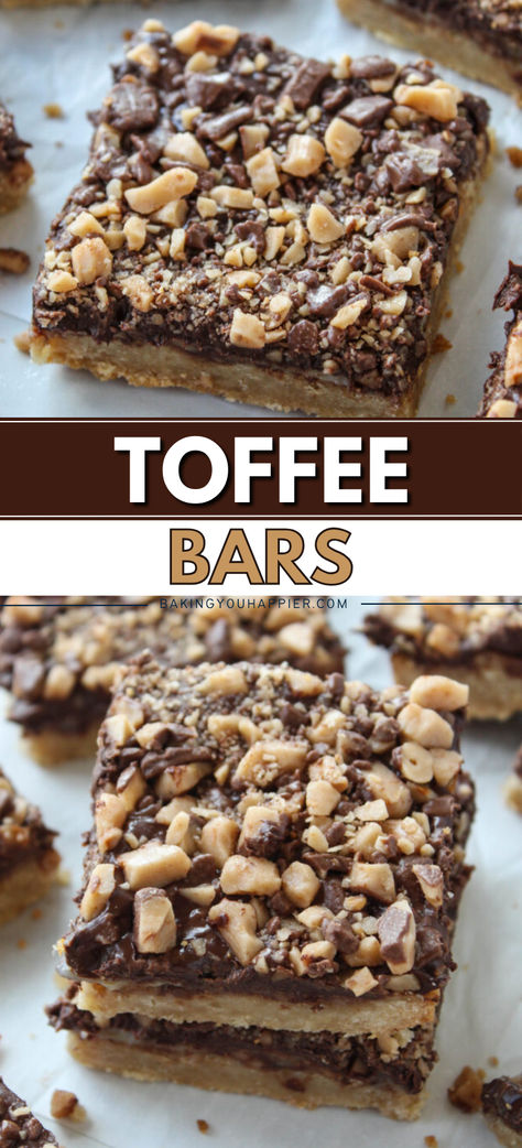 Toffee Bars, a simple shortbread crust with layers of gooey chocolate and toffee bits come together nicely for a perfect holiday treat! Toffee Bits Desserts, Dessert With Toffee Bits, Heath Toffee Bars, Skor Bits Recipes, Recipes Using Heath Toffee Bits, Bar Cookies 9x13 Easy, Skor Bar Squares, Heath Toffee, Toffee Dessert