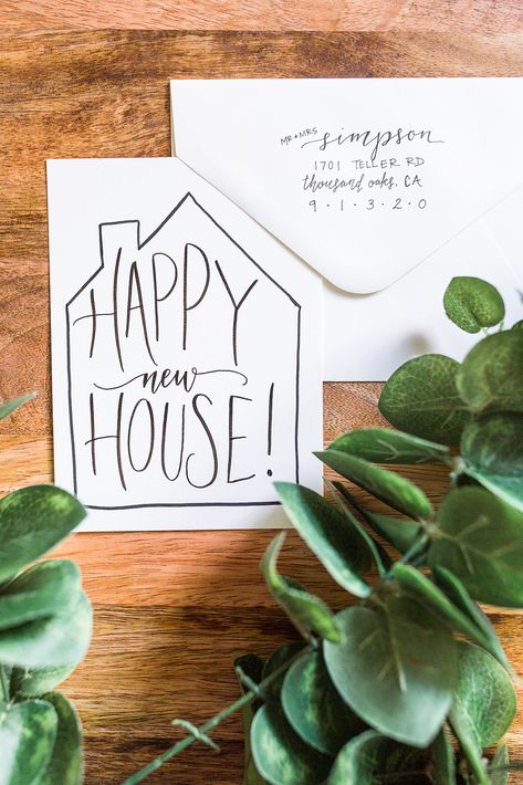 Happy New House Card, Lettering Gift Ideas, New House Card Ideas, Watercolor Housewarming Card, Wedding Diy Cards Ideas, New Home Cards Diy, Diy House Warming Card, House Warming Cards Diy, House Warming Cards Handmade