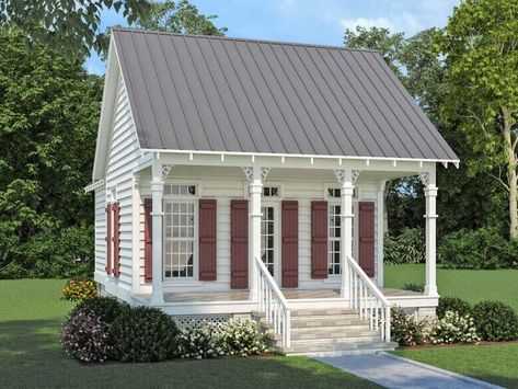 House Plan of the Week: Tiny Cottage ADU - NewsBreak Stick Built Homes, Moveable Island, Deep Front Porch, Large Front Porch, Texas Farmhouse, Open Concept Great Room, Granny Pods, Small Cottage House Plans, Dream Home Plans