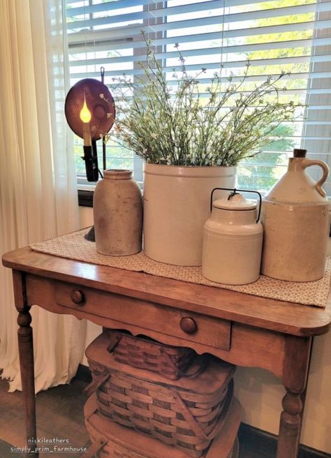 Decorating With Antique Crocks, Crock Decorating Ideas, Crocks Decor Ideas, Decorating With Crocks, Crocks Decor, Crock Ideas, Crock Decor, Jug Decor, Antique Crocks