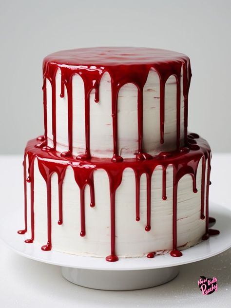 tired white buttercream frsoted vintage cake with dripping red editable blood on white cake stand and white background Horror Birthday Party, Spooky Desserts, Horror Birthday, Horror Cake, Horror Themed Party, Spooky Cake, Halloween Birthday Cakes, Movie Cakes, Birthday Cake Decorating Ideas