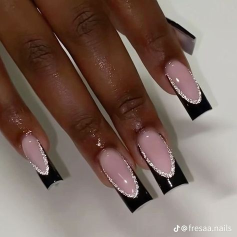 Nail Inspo For Black Prom Dress, Black French Tip Nails Glitter, Black French Tip With Glitter, Black Prom Nails, Black Acrylic Nail Designs, Black French Tip, Graduation Nails, Black Acrylic Nails, Formal Nails