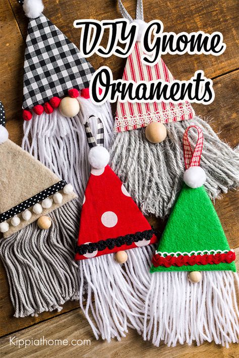 Easy DIY Gnome Ornaments tutorial includes a Free Pattern. Make these adorable gnome Christmas Tree Ornaments with scrap fabrics and trims. Handmade Gnomes Christmas Ornament, Gnome Tree Ornaments Diy, Christmas Fabric Decorations, Scrap Fabric Projects Free Pattern, Fabric Ornaments Diy, Gnome Christmas Tree Ornaments, Christmas Gnome Craft, Diy Gnome Ornaments, Gnome Christmas Ornaments