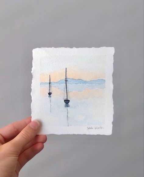 Sailboat Watercolor Easy, Watercolor Sailboat Tutorial, Watercolor Mood Board, Watercolor Gifts Ideas, Watercolor Sailboat Simple, Watercolor Postcards Ideas, Sailboat Painting Watercolor, Mini Watercolor Paintings, Acrylic Mini Painting