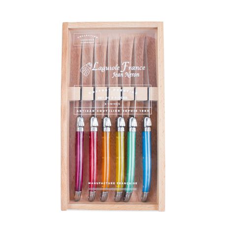 Laguiole Rainbow Knives in Wooden Box with Acrylic Lid (Set of 6) – BURKE DECOR Rainbow Knife, Laguiole Cutlery, Laguiole Knife, Steak Knife Set, Steak Knives, Burke Decor, Wooden Storage, Wooden Tray, Knife Sets