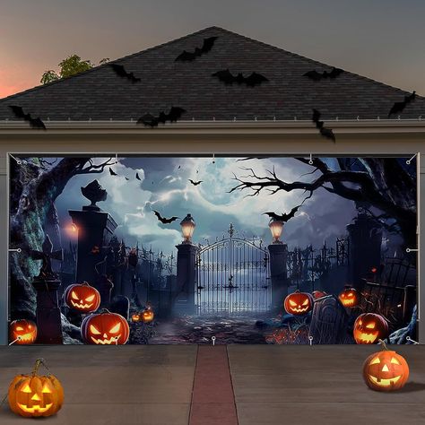 Garage Halloween, Halloween Party Backdrop, Halloween Garage Door, Pumpkin Photography, Halloween Garage, Cloth Banners, Halloween Fest, Bat Pumpkin, Party Fotos