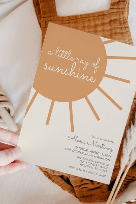 A delightful baby shower invitation adorned with sunshine motifs, ideal for welcoming a little one into the world. Boho Sunshine Baby Shower Ideas, A Little Ray Of Sunshine Is On The Way, Little Ray Of Sunshine Baby Shower Ideas, Ray Of Sunshine Baby Shower Ideas, You Are My Sunshine Baby Shower Ideas, Unisex Baby Shower Themes, Baby Shower Sunshine Theme, Sunshine Baby Shower Ideas, Sunshine Baby Shower Theme