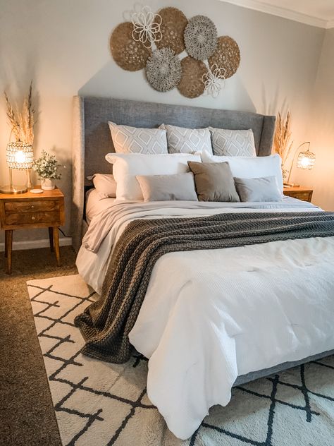 Grey Bed Rug Ideas, Beds With Grey Headboard, Boho Bedroom With Grey Bed, Master Bedrooms Decor With Grey Bed, Bedroom With Grey Bedding, Bedding For A Grey Headboard, Bedroom Decor Ideas Grey Bed, Room With Grey Headboard, Grey Rug Bedroom Ideas