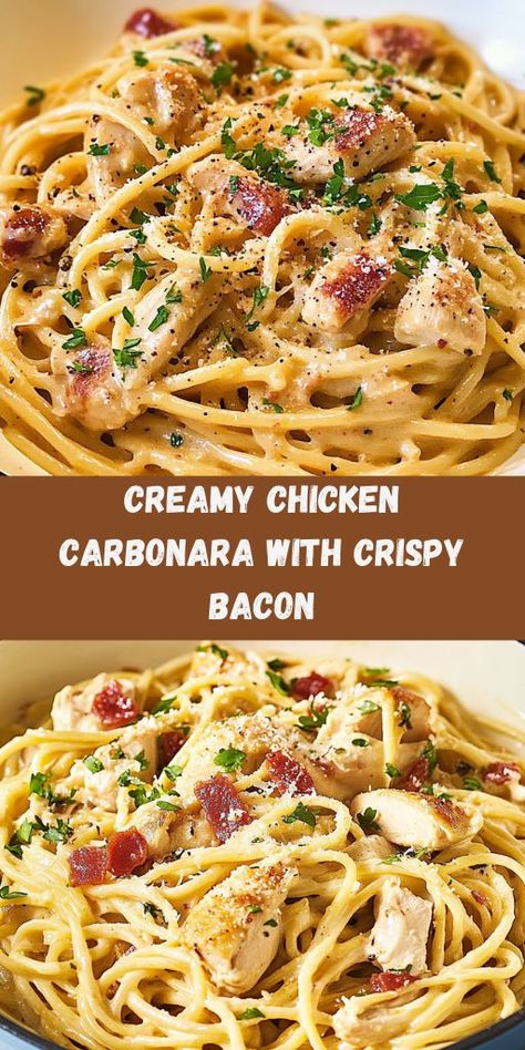 Indulge in the perfect blend of creamy, cheesy goodness and crispy bacon with this quick and delicious Chicken Carbonara. Ingredients: 2 chicken breasts, sliced into strips 200g (7 oz) spaghetti or your favorite pasta 150g (5 oz) bacon, chopped 2 large eggs 1 cup grated Parmesan cheese 2 cloves garlic, minced Salt and pepper to taste Fresh parsley, chopped (for garnish) 1/2 cup pasta water (reserved) 1 tablespoon olive oil Chicken Bacon Peas Pasta, Recipe For Chicken Carbonara, Pasta With Bacon Carbonara, Best Ever Chicken Carbonara, Italian Chicken Carbonara, Pasta Carbonara With Chicken, Weekday Food Ideas, Pasta With Chicken And Bacon, Pasta Dishes With Bacon