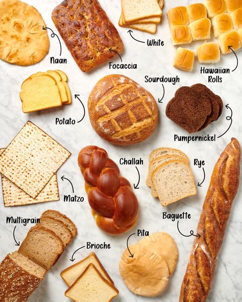 Overhead view of 14 different types of bread laid out on a marble surface. Essen, Brioche, Different Kinds Of Bread Recipes, English Bread Recipes, Types Of Bread For Sandwiches, Types Of Bread To Make, Different Breads To Make, How To Make A Bread, Breadmaking Aesthetic