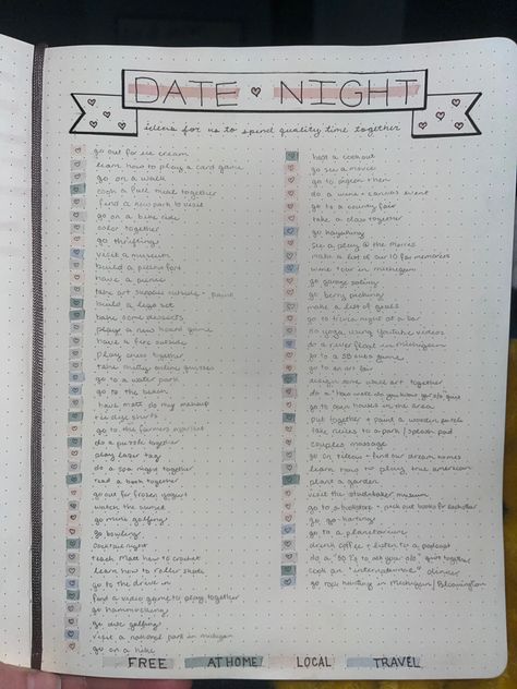 Date night ideas for couples to spend quality time together. #bulletjournal #journaling #coupleideas #datenight #datenightideas #dateideas #romantic #calligraphy #indiana #michigan Couple Organization Ideas, Scrapbook Journal For Couples, Date Ideas Journal Page, Journal Ideas Couples, Journal Couple Ideas, Couple Notebook Ideas, Romantic Journal Ideas, Couple Journal Ideas Relationships, Couples Journal Ideas