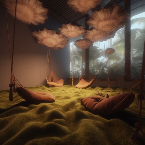 hammocks, experience design Wellbeing Space, Mushroom Garden, Shop Facade, Sensory Room, Artistic Installation, Relaxation Room, Spa Room, Yoga Room, Immersive Experience