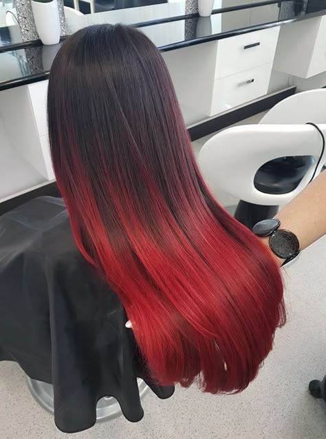 Black And Red Ombré Hair, Ombre Black To Red Hair, Ombre Coloured Nails, Black Into Red Hair, Long Red And Black Hair, Black And Red Hair Ombre, Black Hair With Red Ombre, Red Black Ombre Hair, Red Ends On Black Hair