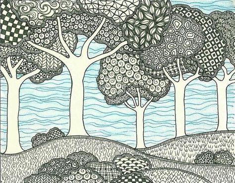 Tree Grove Zentangle Trees, Zantangle Art, Tangle Art, Zentangle Drawings, Doodles Zentangles, Doodle Art Designs, Zen Art, Zentangle Art, Zentangle Patterns