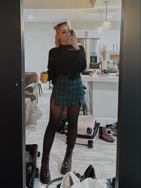 Green Dress And Tights, Dr Martens Jadon Outfit Ideas, Plaid Skirt With Doc Martens, Leather Heel Boots Outfits, Grunge Outfits Plaid Skirts, Skirts And Docs Outfit, Plaid Skirt Concert Outfit, Alternative Fashion Night Out, Plaid Skirt Doc Martens Outfit