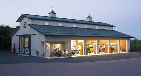 This hobby building was built for Haskel & Beth  Special Features:    Morton's Hi-Rib Steel  Monitor Style Roof  Cupolas  Wainscot  Diamond 'M' Sl... Morton Building Homes, Hobby Garage, Pole Barn Garage, Plan Garage, Morton Building, Barn Shop, Pole Buildings, Barn Garage, Shop Buildings