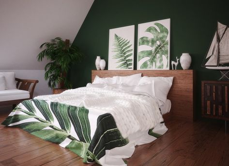 A nice idea for how to style a loft conversion, using a dark green feature wall and wooden flooring Loft Feature Wall, Loft Wooden Floor, Dark Green Tropical Bedroom, Dark Green Loft Bedroom, Green Wooden Bedroom, Green Bedroom Loft, Dark Loft Bedroom, Green Bedroom Wooden Furniture, Dark Green Bedroom Feature Wall