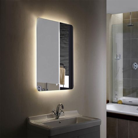 Add another point of luxury in your environment. Lighted mirrors offer a touch of sophistication while adding an alternate lighting source for any space.  Using an eco-friendly silvering process in conjunction with energy efficient LED lighting, these mirrors reduce waste and are environmentally sound.  No matter your project specs, we have the lighted mirror option for you. Pottery Barn Bathroom, Shower Mirror, Led Bathroom Mirror, Backlit Mirror, Mirror Led, Bath Mirror, Illuminated Mirrors, Mirror Ideas, Bathroom Mirror Lights