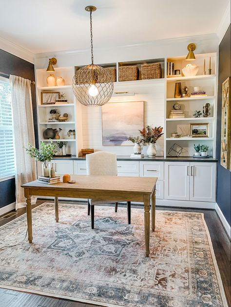 Office Decor Built Ins, Free Standing Desk Home Office, White Office Inspiration, Home Office Reading Room Ideas, Built In Wall Office, Study Room Farmhouse, Open Floor Plan Office Space Layout, Office Desk In Center Of Room, Home Office With Bookcases