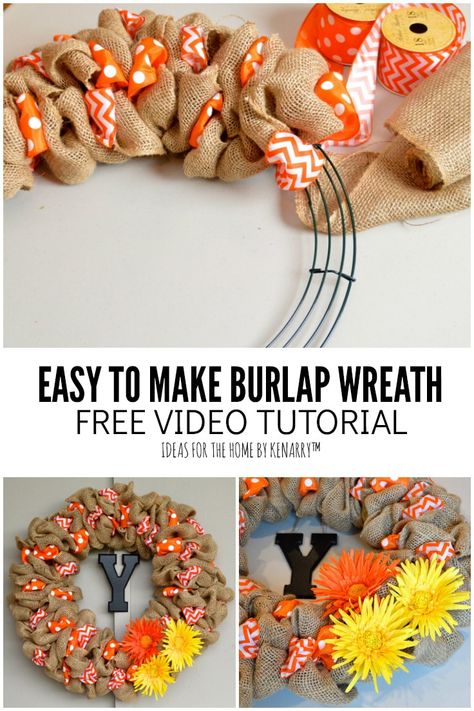 Learn how to make a burlap wreath by weaving ribbons with rustic burlap in this easy step-by-step tutorial. You'll have a pretty wreath in just a few hours! Easiest Burlap Wreath Ever, Step By Step Mesh Wreath Making, How To Make A Burlap Wreath Step By Step, How To Make Wreaths With Ribbon, How To Make Wreaths Step By Step, How To Make A Wreath With Mesh, Easy Wreaths To Make, How To Make A Wreath, Diy Reef