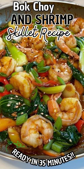 Bok Choy and Shrimp Skillet Broccolini And Shrimp Recipe, Asian Shrimp Stir Fry Recipes, Back Choy Recipe, Bokchoy Stirfry Shrimp, Shrimp Vegetable Recipes, Shrimp And Cauliflower Recipes, Shrimp Bokchoy Stirfry Easy, Boy Choy Meals, Boc Choy Meals