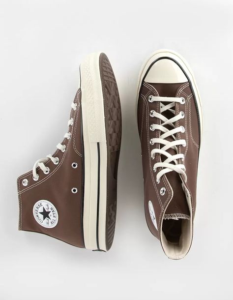 CONVERSE Chuck 70 Canvas High Top Shoes - BROWN | Tillys Brown Hightop Converse, Brown Shoes Womens Outfit, Woman’s Shoes, Dark Brown Converse, Vintage Shoes Aesthetic, Brown Converse High Tops, Snikers Shoes, Brown Converse Outfit, Brown Shoes Outfit