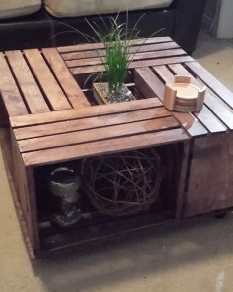 Uses For Wooden Crates, Wooden Crate Furniture, Wood Crate Coffee Table, Crate Crafts, Rustic Diy Projects, Crate Decor, Crate Coffee Table, Crate Table, Farmhouse Living Room Furniture