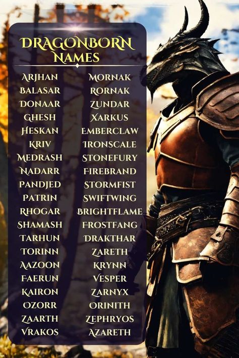 Dragonborn Names Fantasy Races List, Fantasy Last Names With Meaning, Names That Mean Dragon, Dragon Names Ideas, Npc Names, Dragonborn Names, Fantasy Character Names, Female Character Names, Powerful Names