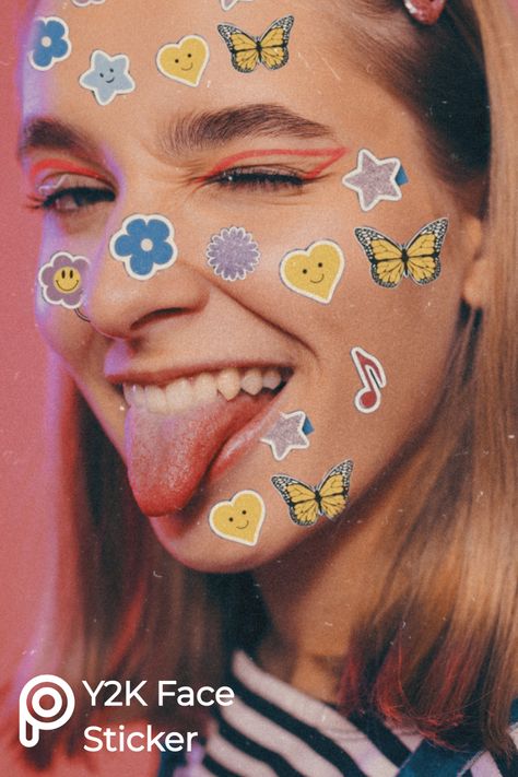 Have some fun with your portraits, search through our Y2K stickers, and use our Erase option to create fun edits like these! #Y2KSticker #Grunge Y2k Face, Stickers On Face, Face Stickers Makeup, Fun Edits, Y2k Stickers, Makeup Stickers, Creative Photoshoot Ideas, Face Aesthetic, Face Photography