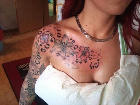 . Shoulder Cheetah Print Tattoo, Cheetah Shoulder Tattoos For Women, Cheetah Print Flower Tattoo, Leopard Print Flower Tattoo, Rose And Leopard Print Tattoo, Leapord Print Tattoos, Cheetah And Flower Tattoo, Cheetah Shoulder Tattoo, Leopard Print Arm Tattoo