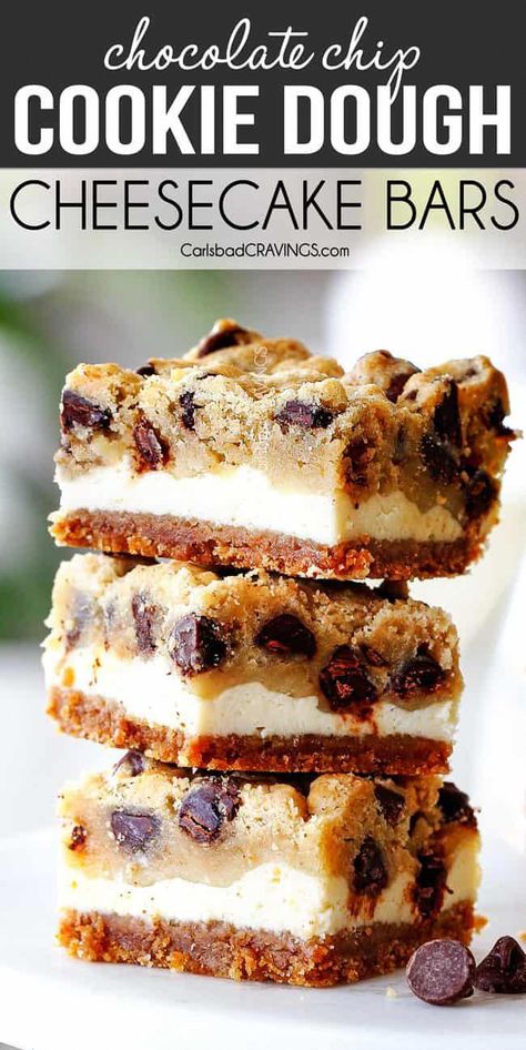 Cookie Dough Cheesecake Bars, Chocolate Chip Cookie Dough Cheesecake, Chocolate Chip Cheesecake Bars, Cookie Dough Cheesecake, Smores Dessert, Dessert Halloween, Banana Split Dessert, Diy Dessert, Coconut Dessert