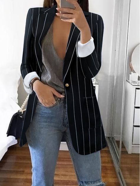 Faster shipping. Better service Striped Blazer Outfit, Seasons Autumn, One Button Blazer, Lapel Blazer, Single Button Blazer, Casual Stripes, Collar Style, Striped Blazer, Kids Sleepwear