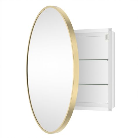 PRICES MAY VARY. [HIGH QUALITY ROUND PHARMACY CABINET] This gold round mirrored medicine cabinet is made of high quality metal to ensure durability and fits perfectly into a variety of decorative styles. [Great Circular Mirror Medicine Cabinet]The Bathroom Medicine Cabinet offers tons of space for your bathroom essentials. This round medicine cabinet includes 2 5MM glass shelves with a spacious interior to keep all your items neatly organized. With the mirror and cabinet in one, the image is cle Oval Medicine Cabinet, Round Medicine Cabinet Mirror, Small Bathroom Medicine Cabinet Ideas, Modern Medicine Cabinet Mirror, Gold Medicine Cabinet, Brushed Gold Bathroom Fixtures, Round Medicine Cabinet, Hidden Medicine Cabinet, Gold Mirror Bathroom