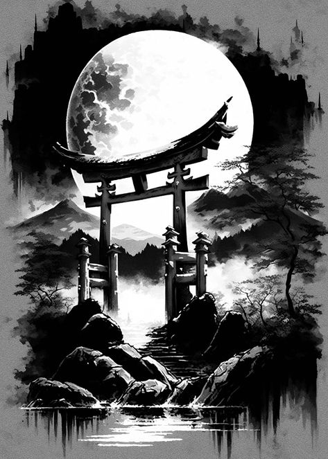 Japanese Waterfall Tattoo Design, Sun Tzu Tattoo, Ronin Tattoo Design, Japanese Samurai Drawing, Chinese Temple Tattoo, Japanese Landscape Tattoo, Japanese Temple Tattoo Design, Japanese Background Tattoo, Japanese Samurai Tattoo Design