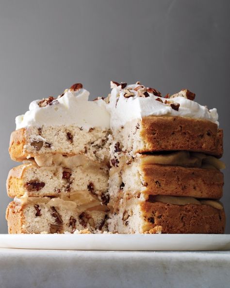 This impressive three-tier cake can be refrigerated for up to three days before serving. Just top with whipped cream before unveiling it for your guests. Best Butter Cake Recipe, Candied Pecan, Butter Cake Recipe, Layer Cake Recipes, Best Butter, Pecan Cake, Thanksgiving Food Desserts, Pear Recipes, Gambling Tattoo