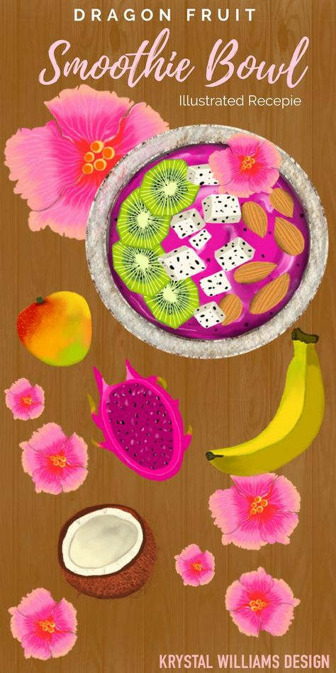 Smoothie Bowl Illustration, Dragon Fruit Smoothie Bowl Recipe, Bowl Illustration, Fruit Smoothie Bowl, Dragon Fruit Smoothie Bowl, Recipe Book Ideas, Dragon Fruit Smoothie, Menu Art, Smoothie Bowl Healthy