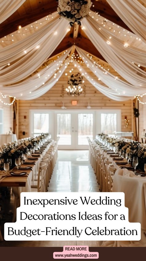 A beautifully decorated wedding venue with DIY decor, affordable centerpieces, and stylish, budget-friendly decorations creating a memorable celebration. Small Budget Wedding Decor, Wedding Warehouse Decor, Wedding Decor For Small Wedding, Wedding Decor At Home Simple, Cost Effective Wedding Decor, Rustic Wedding On A Budget Diy, Small Home Wedding Decorations Indoor, Small Indoor Wedding Decorations, Weddings In March